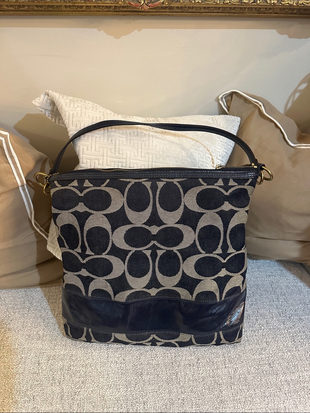 Coach Signature Tote in Navy and Cream